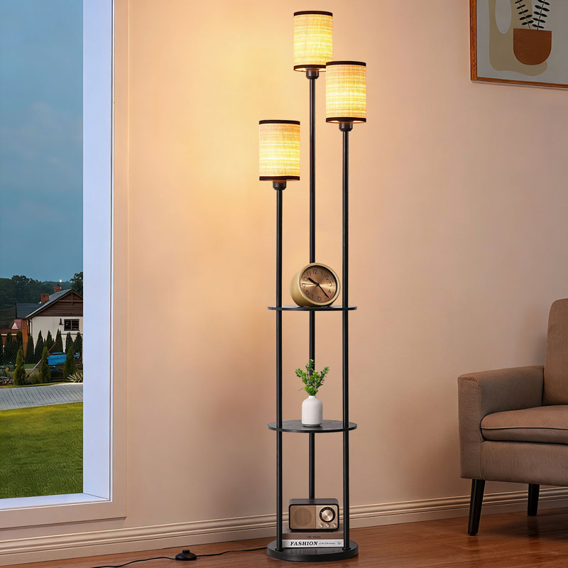 Ebern Designs 70'' Tray Table Floor Lamp With 3 Rattan Shade | Wayfair
